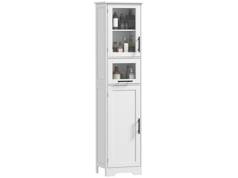  Meuble de salle de bain avec porte vitrée, étagères réglables et tiroir pour petits espaces, 40 x 31 x 170 cm, blanc  - Conforama A