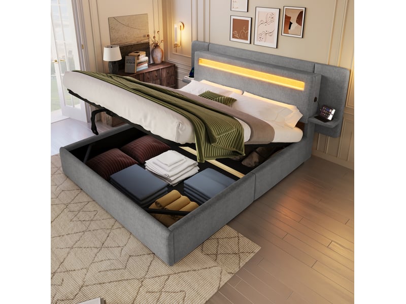  Lit coffre 140x200 cm, lit 2 places avec rangement hydraulique, led multicolore, mdf couleur gris sans matelas  - Conforama E