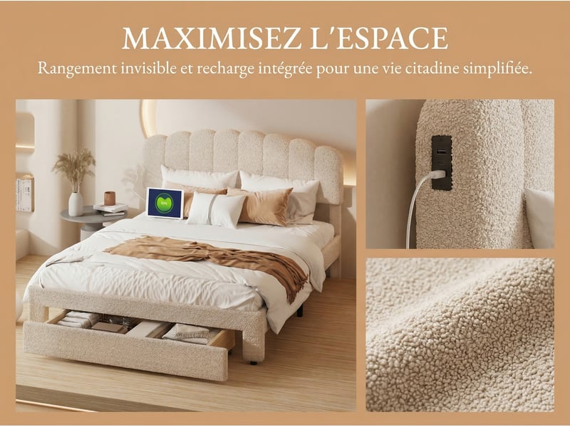  Lit 2 places 140 x 200 cm - tiroir, tête ondulée  - usb et sommier à lattes  - Conforama E