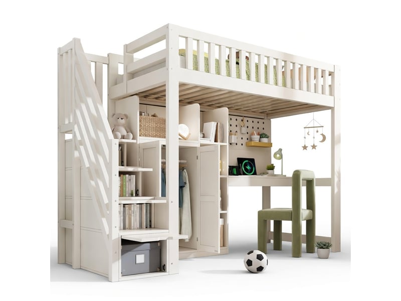  Lit mezzanine enfant blanc 90x200 cm avec bureau, armoire-échelle, penderie, étagères ouvertes, ports usb et usb-c, sommier à lattes, tout-en-un compact, sans matelas  - Conforama A