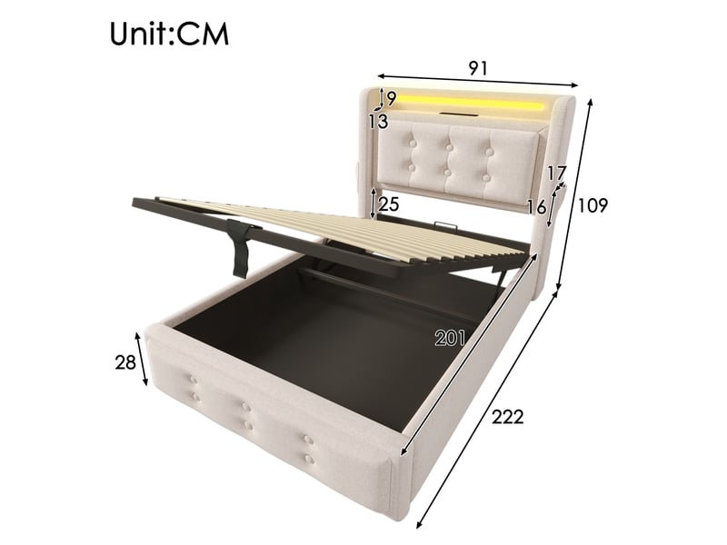  Modenvie lit coffre 90x200 cm - avec rangement intégré, led et ports usb-c, matelas inclus - beige  - Conforama C