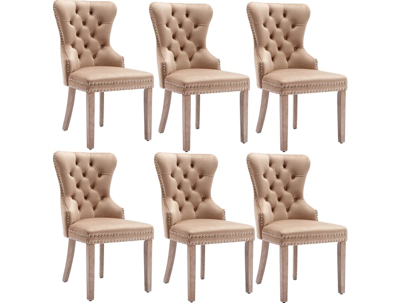  Chaise rembourrée à pieds réglables, clous décoratifs, velours et bois, coloris café clair  - Conforama A