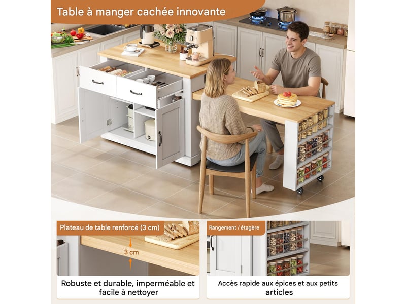 Ilot de cuisine sur roulettes avec table extensible mdf blanc et chêne 132x60x93 cm - pangivo - Conforama D