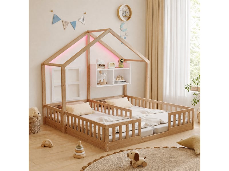  Lit cabane enfant à 2 couchages 90x200 cm avec led et barrières, coloris bois naturel  - Conforama B