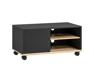 Meuble tv sur roulettes avec 2 freins - en bois noir chêne clair - 2 niches + placard porte 2 passe-fil