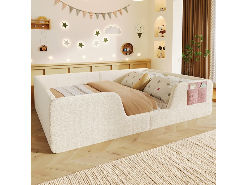 Lit rembourré 140 x 190 cm, barrières de sécurité amovibles, poche de rangement intégrée, velours, beige Bliss Lite - Conforama E