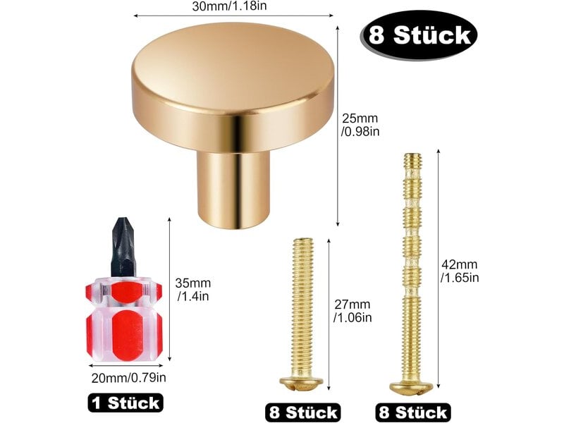  Lot de 8 boutons dorés 25x30 mm, poignées rondes pour meubles avec 16 vis et tournevis  - Conforama B