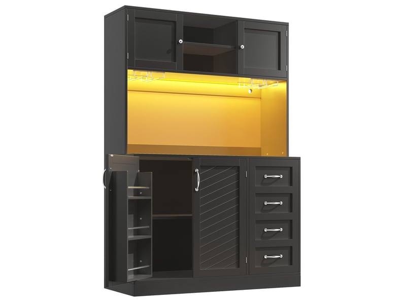 Buffet armoire de rangement 120x40x188cm avec éclairage led, étagère à collations, porte-gobelets, 4 portes et 2 tiroirs, noir - Conforama A