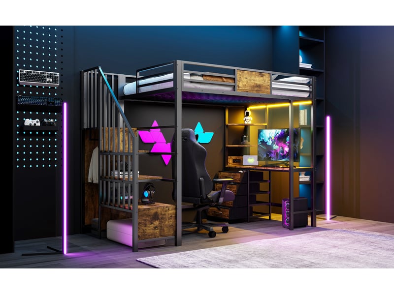 Lit mezzanine métal 90x200 cm – bureau intégré, penderie, rangements, led et prise intégrée - Conforama C