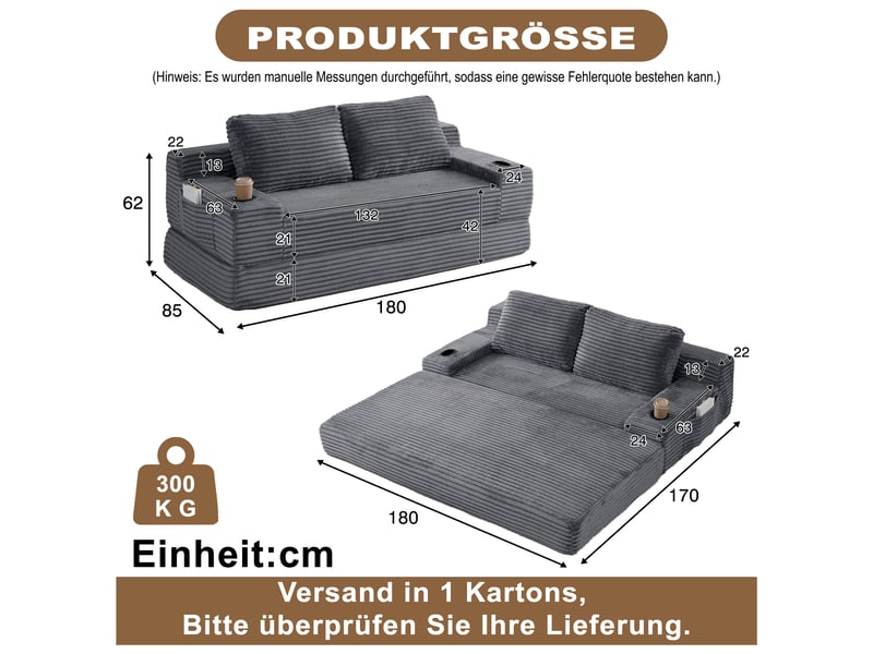  Canapé convertible 2-en-1 en velours côtelé 2 places, 2 coussins inclus, porte-gobelets, rangements latéraux  - Conforama C