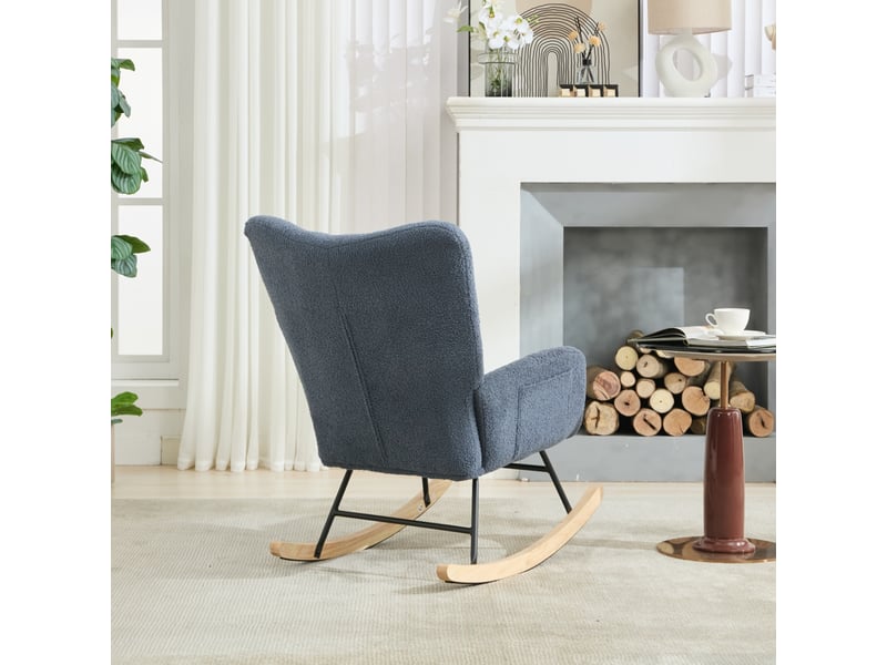 Fauteuil à bascule en tissu bouclette avec poche, fauteuil d'allaitement bleu marine, base en bois massif, 65x77x90 cm  - Conforama E