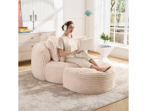 Canapé droit à assise ronde, canapé-lit sans pieds, repose-pieds, tissu doux cordé, 168×123×63 cm, beige