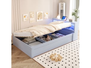 Lit coffre modenvie 90 x 200 cm avec led multicolore, prise integree, rangements en tete de lit, structure en bois massif gris