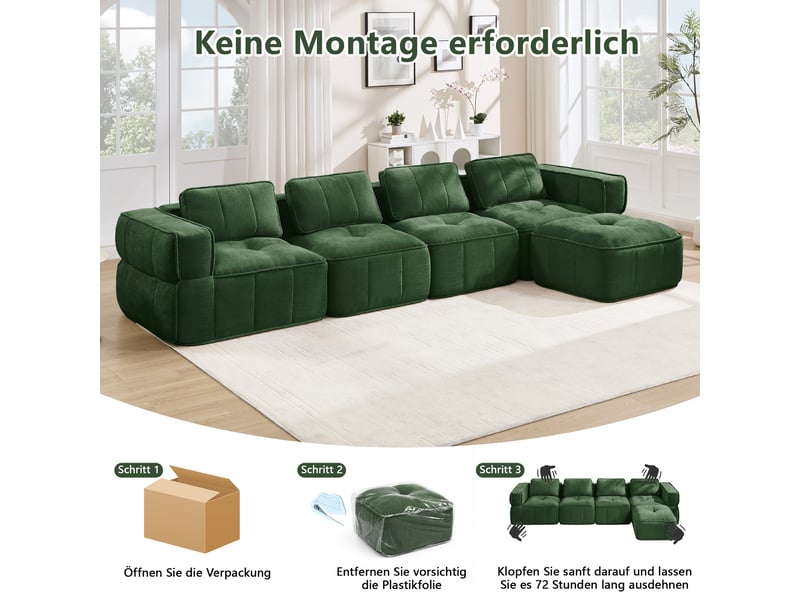  Canapé modulable d'angle en l,4 places avec 1 pouf,344x162x67cm,canapé à compression sans montage, mousse haute densité 32d,assise profonde,vert  - Conforama D