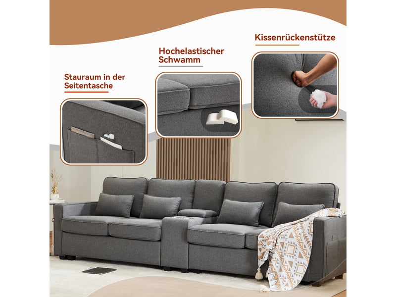  Canapé 4 places en tissu effet lin, avec console, 2 porte-gobelets, 2 ports usb, 4 coussins, 290×83×88 cm  - Conforama R