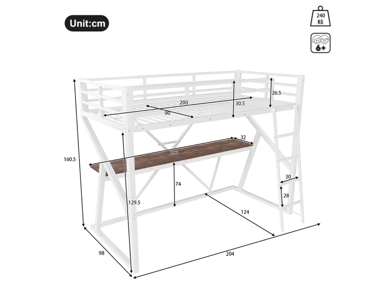  Lit mezzanine enfant 90×200 cm led réglable, bureau et barrière  - sans matelas, métal - blanc  - Conforama D