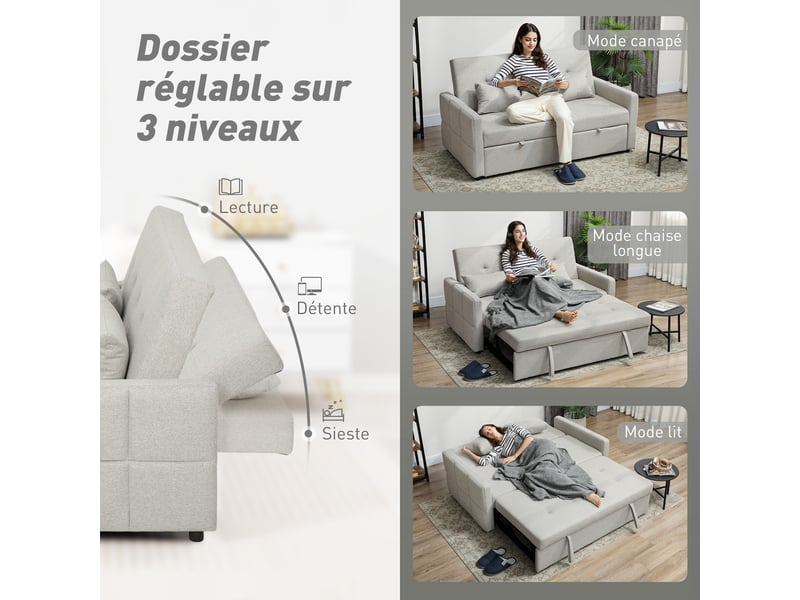 Canapé convertible 2 places 3 en 1, canapé-lit clic-clac, lit gigogne, dossier réglable, marron clair, 158x85x85cm - Conforama E