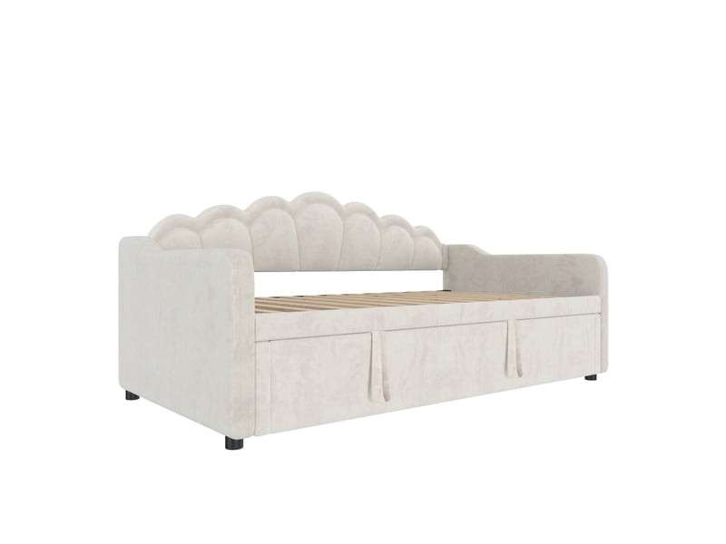  Méridienne convertible en lit gigogne, canapé-lit, lit simple (sans matelas), lit double, velours, bande led à couleurs changeantes, 90 x 200 cm (180 x 200 cm), beige  - Conforama E