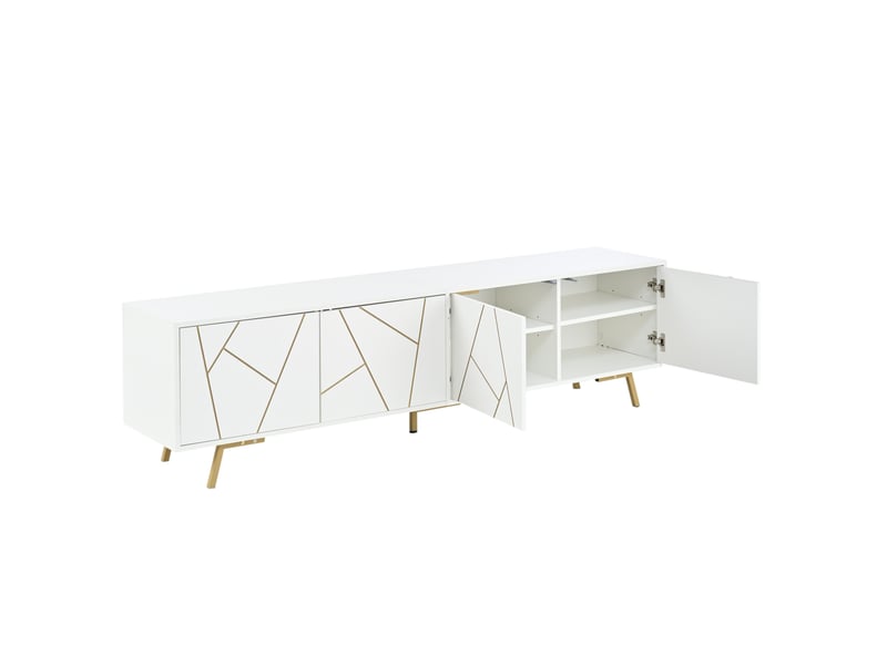  Meuble tv avec 4 portes et 8 compartiments, 5 pieds en métal, blanc et doré pour salon, 190 x 40 x 51,5 cm  - Conforama W