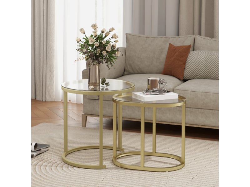 Table basse ronde, ensemble de 2, empilables, cadre acier doré – salon et chambre - Conforama B