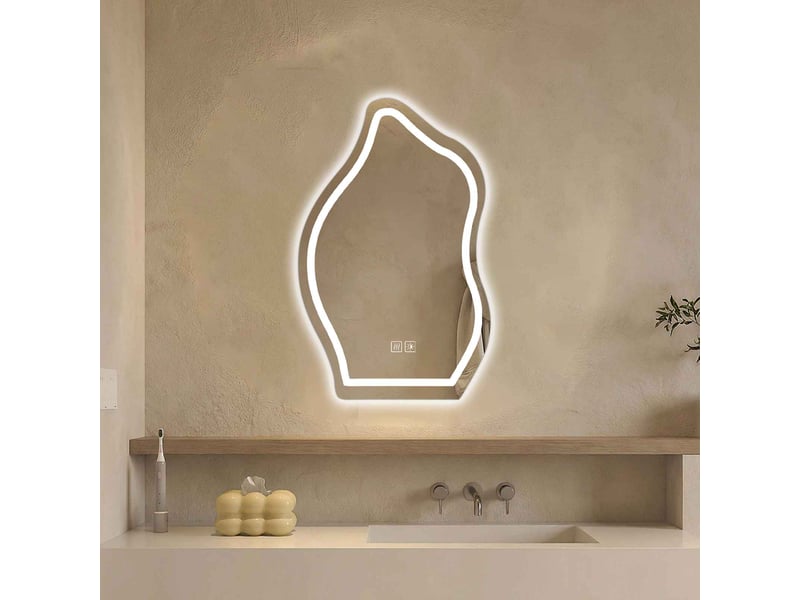  Miroir led 70 x 50 cm blanc en verre argenté sans cuivre forme goutte irrégulière tactile anti buée éclairage réglable salle de bain  - Conforama D