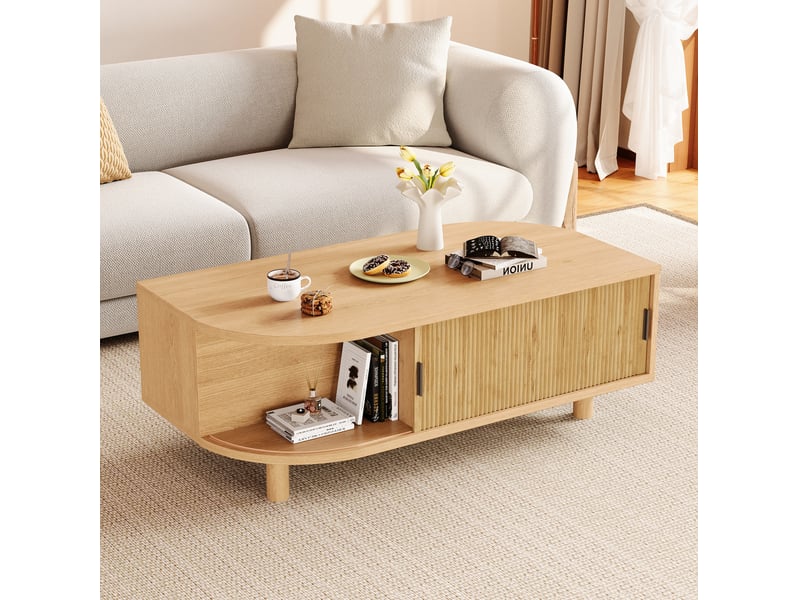  Table basse 100x50x35 cm avec 2 portes coulissantes, finition bois naturel  - Conforama C