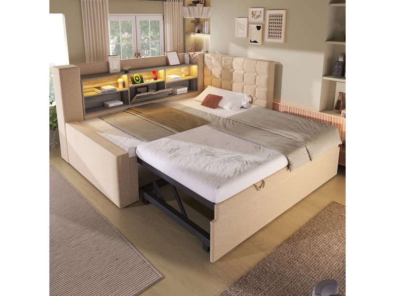  Lit avec rangement en lin et métal beige 90x200 cm  - Conforama D