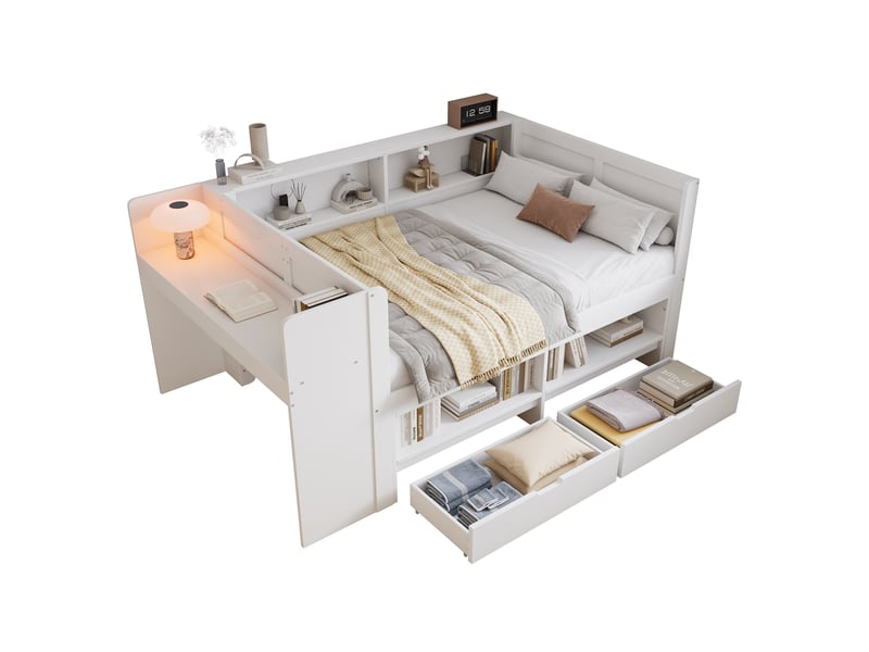  Lit simple 120x200 cm avec bureau, rangements et 2 tiroirs, bois blanc, sans matelas  - Conforama A