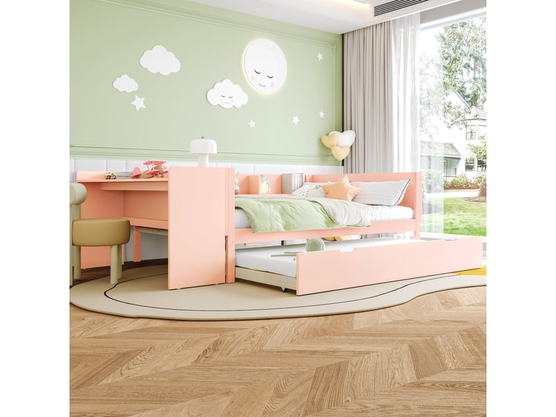  Lit 2 personnes en bois 140 x 200 cm avec bureau, lit enfant avec lit gigogne, lit double avec étagères, pin + panneaux, rose  - Conforama D