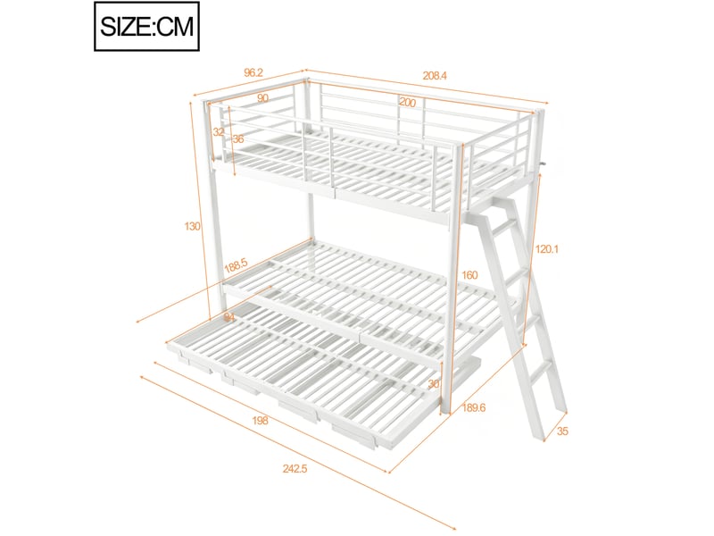  Lit superposé en métal 90x200 cm avec lit gigogne, coloris blanc  - Conforama C