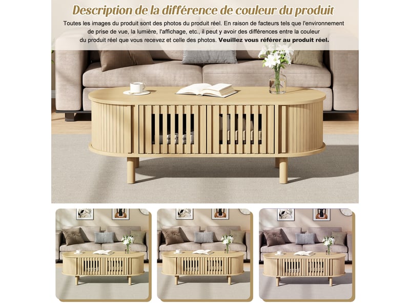  Table basse ovale avec rangement, mdf et pieds en bois massif, 100 x 40 x 38 cm, bois clair  - Conforama B