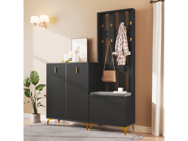  Ensemble vestiaire 3-en-1: banc à chaussures avec coussin, panneau à crochets et meuble à chaussures avec tiroirs et portes  - Conforama E