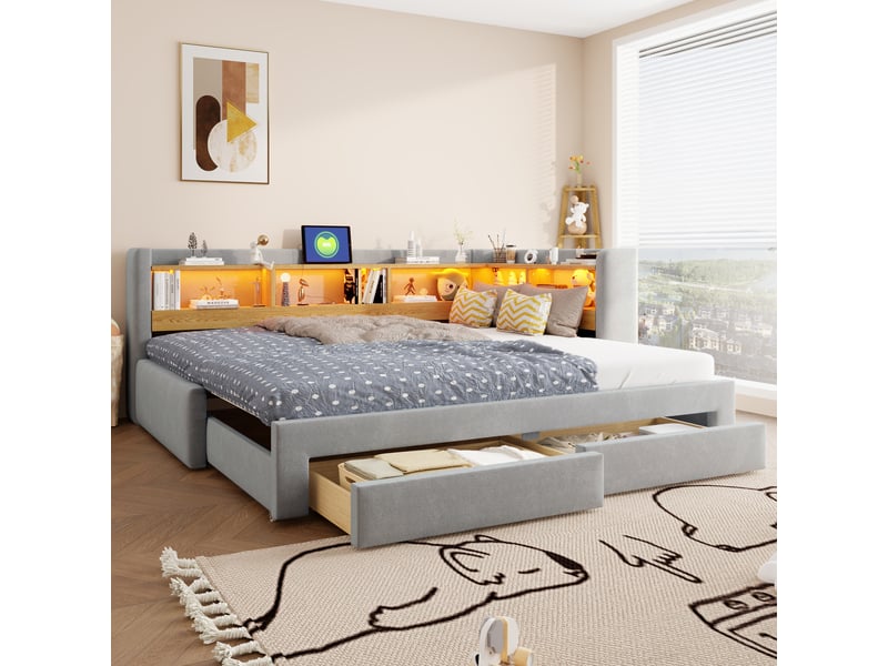 Canapé-lit 90x200 cm – avec lit gigogne – avec 2 tiroirs – avec éclairage led – avec prise électrique – gris clair (matelas non inclus)  - Conforama R