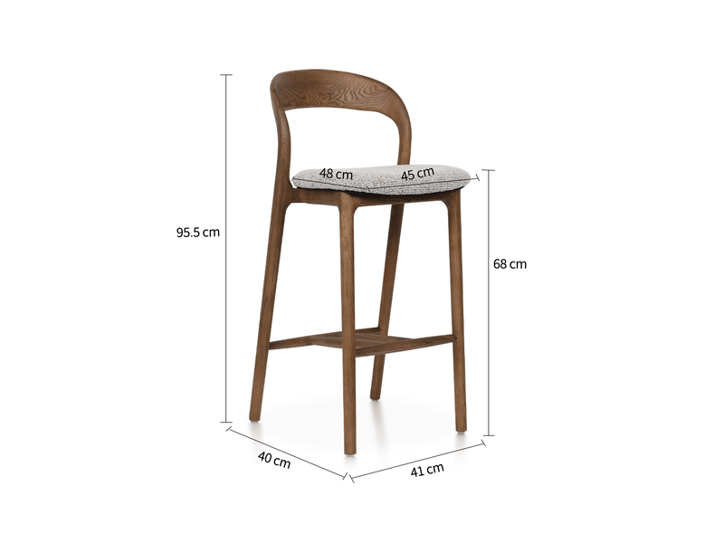  Tabouret de bar avec dossier incurvé, assise rembourrée et repose-pieds en bois et tissu noyer et gris clair  - Conforama A