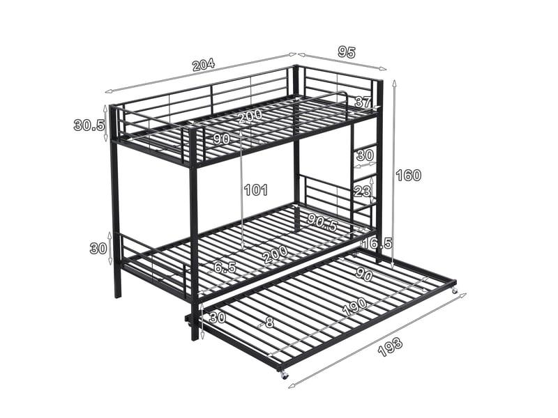  Lit superposé 90x200 cm et 90x190 cm, lit gigogne pour enfants et adolescents, structure solide en acier, en métal, noir  - Conforama E