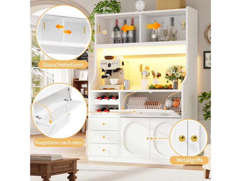  Armoire blanche 120cm, led rgb app, portes verre coulissantes, porte-vin, portes relevables, 3 tiroirs, cuisine et salle à manger  - Conforama D