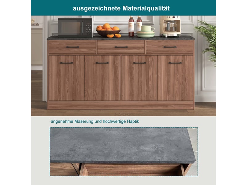  Buffet cuisine moderne avec 3 tiroirs et étagères réglables, design effet béton et noyer, 160x37x76,5 cm  - Conforama D