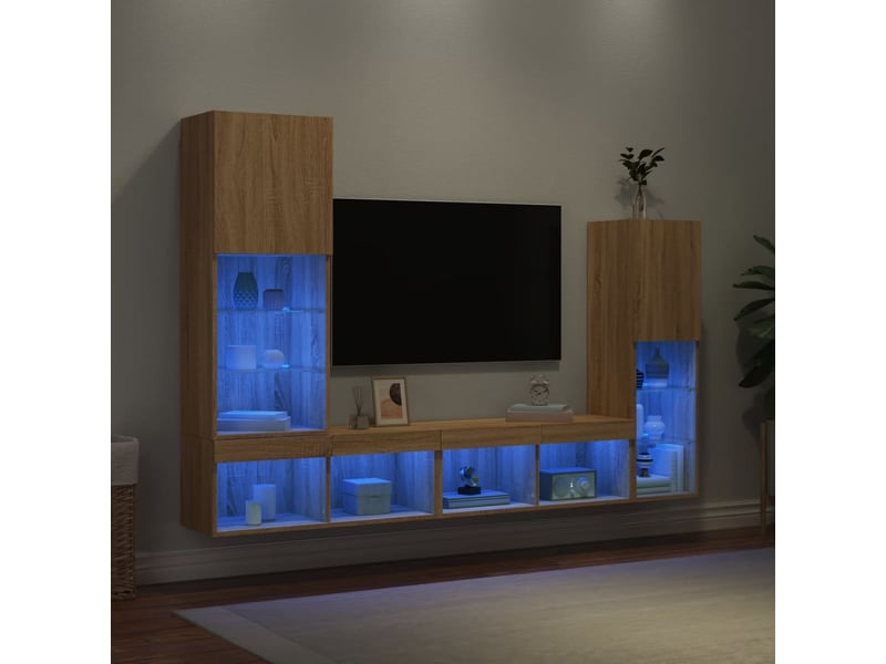  Meuble tv - unités murales tv avec led 4 pcs chêne sonoma bois d'ingénierie  - Conforama B