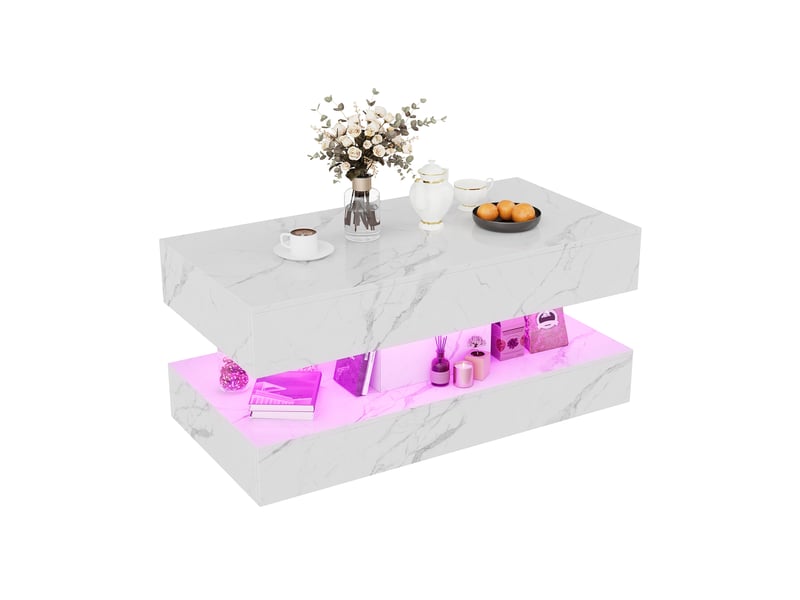  Table basse marbre blanc –table basse rectangulaire  - éclairage led  – rangement double – 100×50×45 cm  - Conforama A