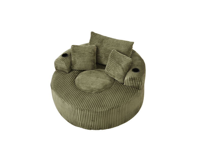 Fauteuil lounge rond 1 place en velours côtelé vert avec 3 coussins, porte-gobelets et rangements latéraux - Conforama A