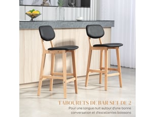 Lot de 2 tabourets de bar, revêtement synthétique avec dossier et pieds en bois, chaises hautes, noir