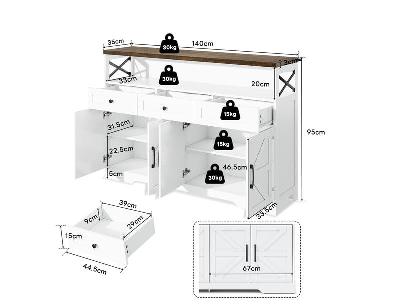  Buffet de salle à manger 140 cm avec rangement, 3 tiroirs et portes, style campagne blancmarron  - Conforama C