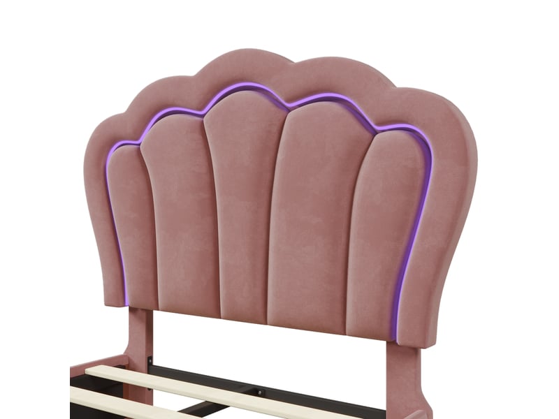 Lit enfant simple led 90x190cm avec tiroir à roulettes, structure en bois, velours, rose, sans matelas - Conforama D