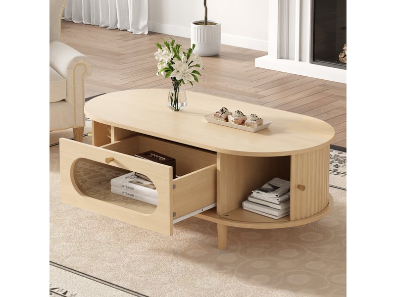 Table basse mdf 100 x 50 cm avec tiroir vitré et portes coulissantes - Conforama E
