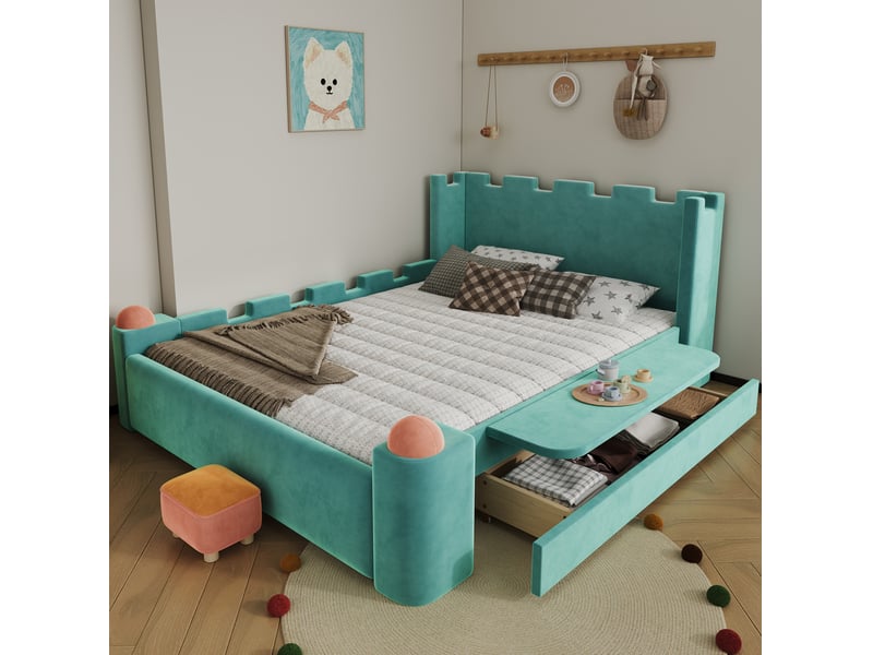 Lit enfant château 140x200 cm, tiroir, tablette rabattable, sommier, bleu-vert - Conforama B
