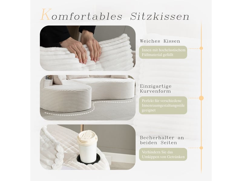 Canapé droit côtelé doux et respirant porte-gobelet et poche de rangement mousse haute densité coussins inclus prêt à l'emploi immédiat - Conforama E