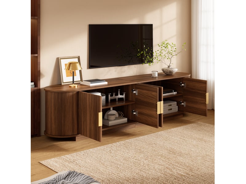  Meuble tv 4 portes avec rangement, portes à structure ondulée, poignées métalliques pour salon, en bois noyer  - Conforama C