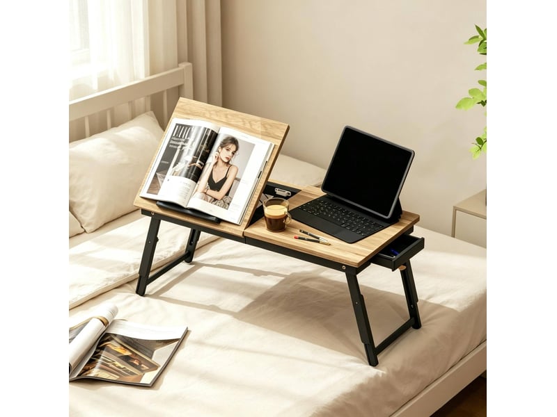  Table pour ordinateur portable réglable 83,5 x 33 cm, bambou et mdf, noir chêne  - Conforama B