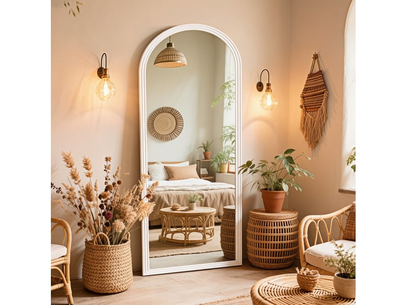  Miroir sur pied intégral arqué 160x50 cm support métallique réglable bois métal blanc  - Conforama B