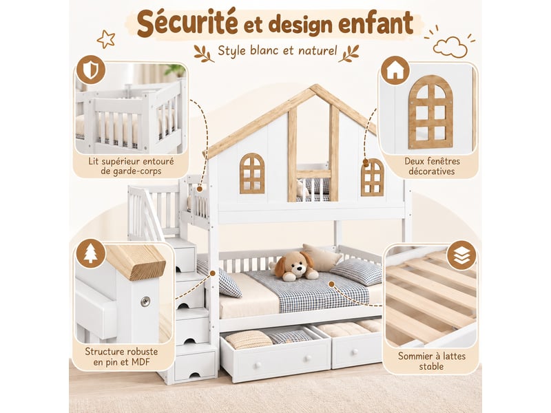  Lit superposé enfant 90 × 200 cm avec escalier de rangement, 2 tiroirs à roulettes et fenêtres, pin et mdf, blanc et naturel  - Conforama E